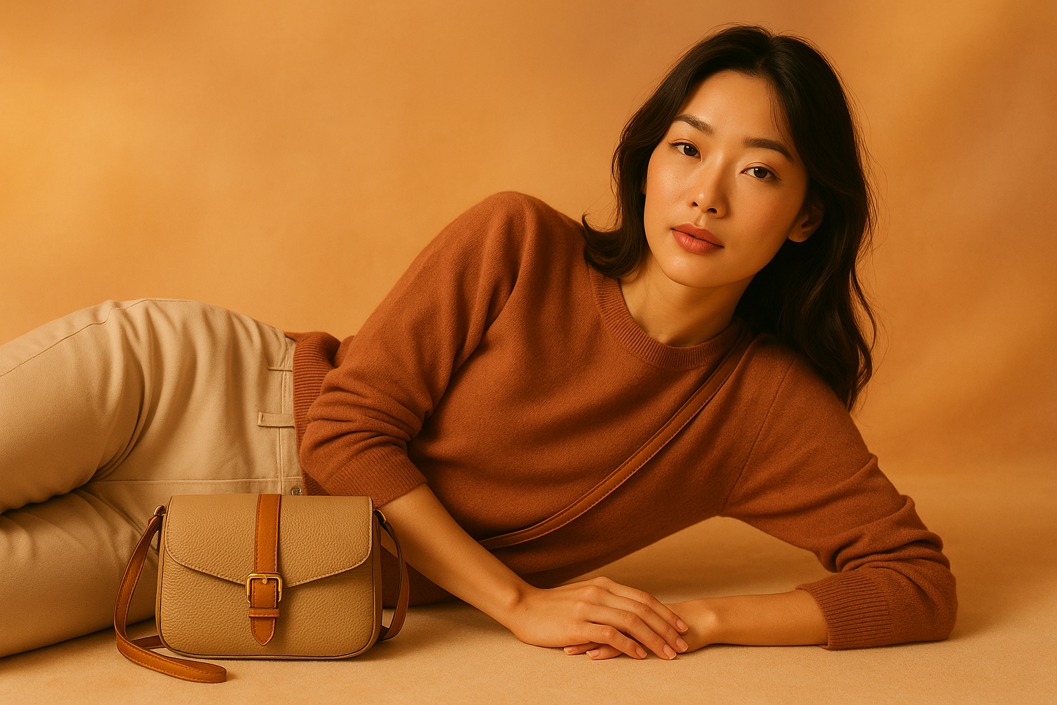 幫我生成一個女生日本女生側躺著著身旁放著一個斜挎包，畫面整體為暖色調，用於網站首頁宣傳圖